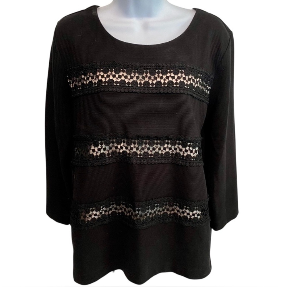Karl Lagerfeld Black Tunic Peekabo Eyelet Insets Stripes 3/4 Sleeve Lined Sz M
